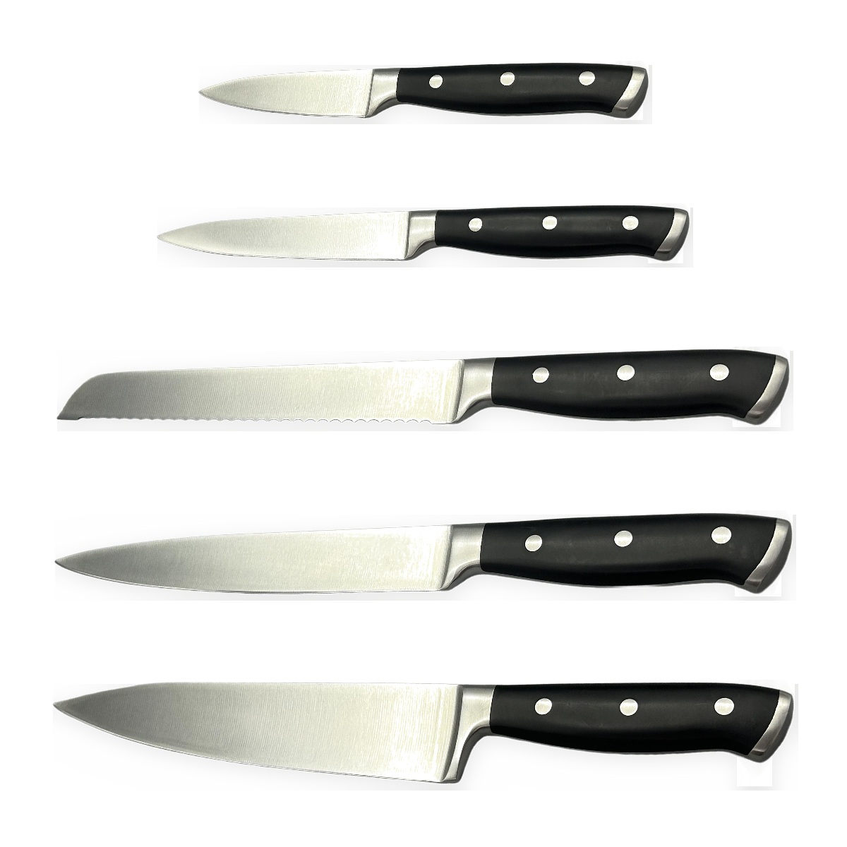 G01 five pieces kitchen knife set, knives laid out flat