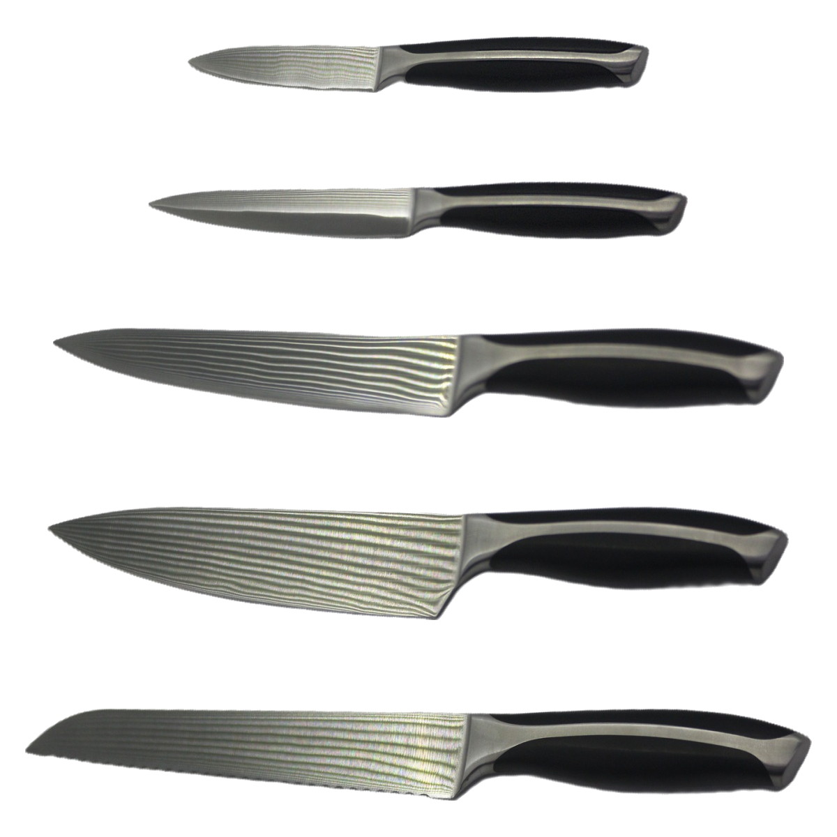 YZ04 fünf Teile kitchen knife set, knives laid out flat