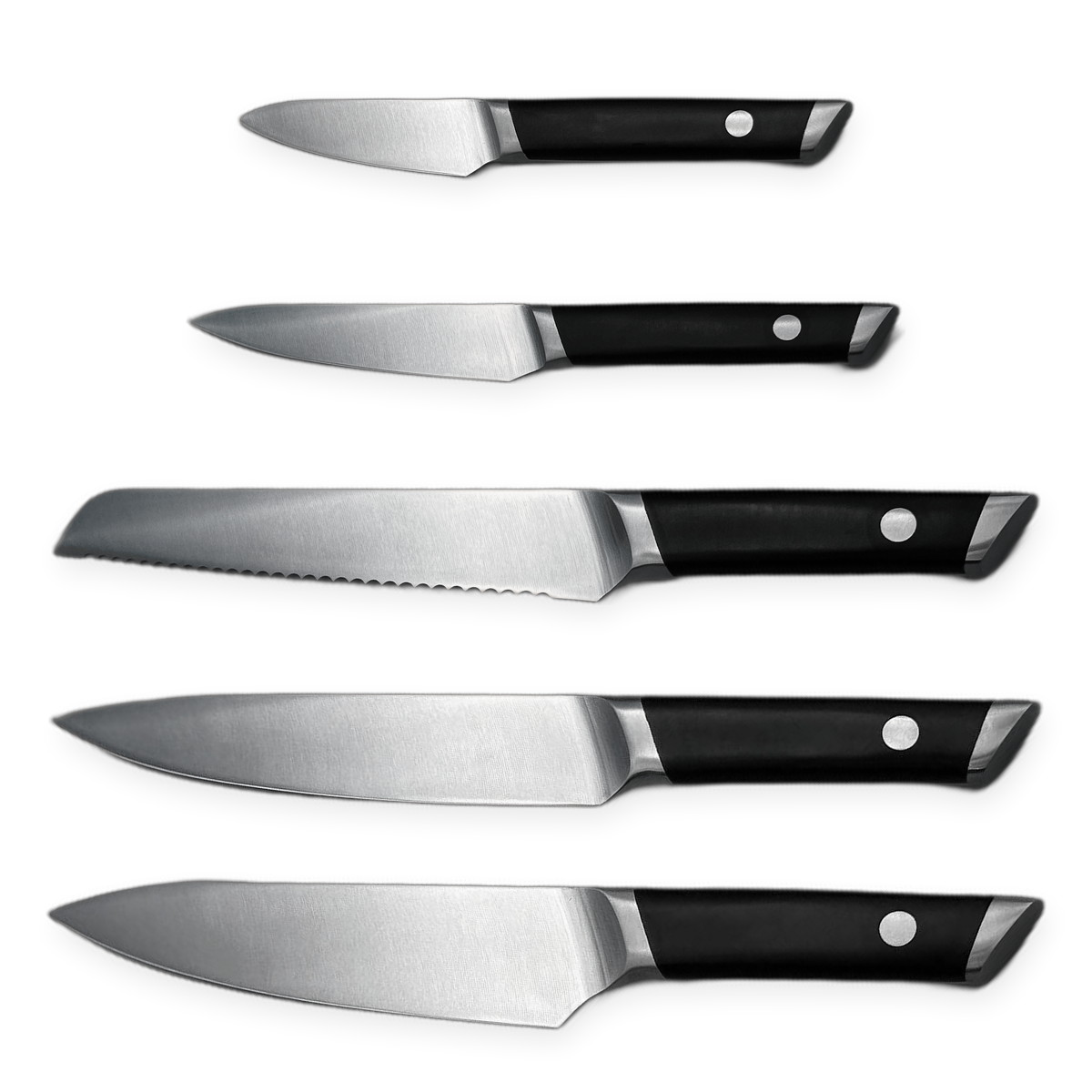 YZ10 five pieces kitchen knife set, knives laid out flat